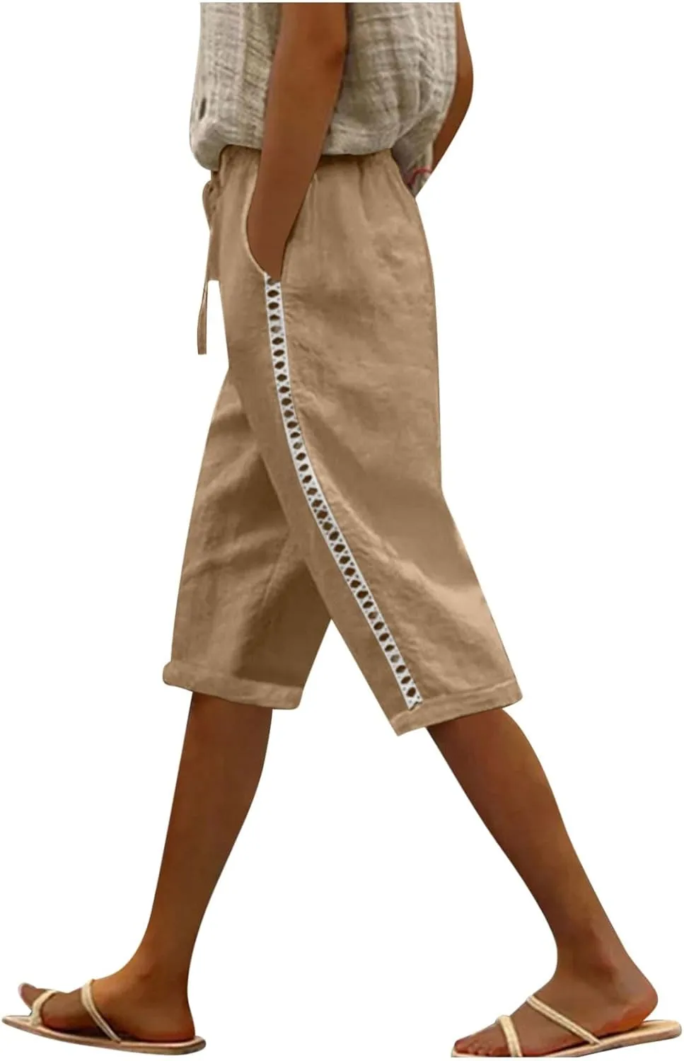 Linen Shorts for Women Trendy Summer Lightweight Long Shorts Drawstring High Waist Knee Length Beach Pants w/Pockets