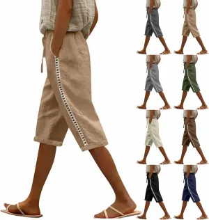 Linen Shorts for Women Trendy Summer Lightweight Long Shorts Drawstring High Waist Knee Length Beach Pants w/Pockets