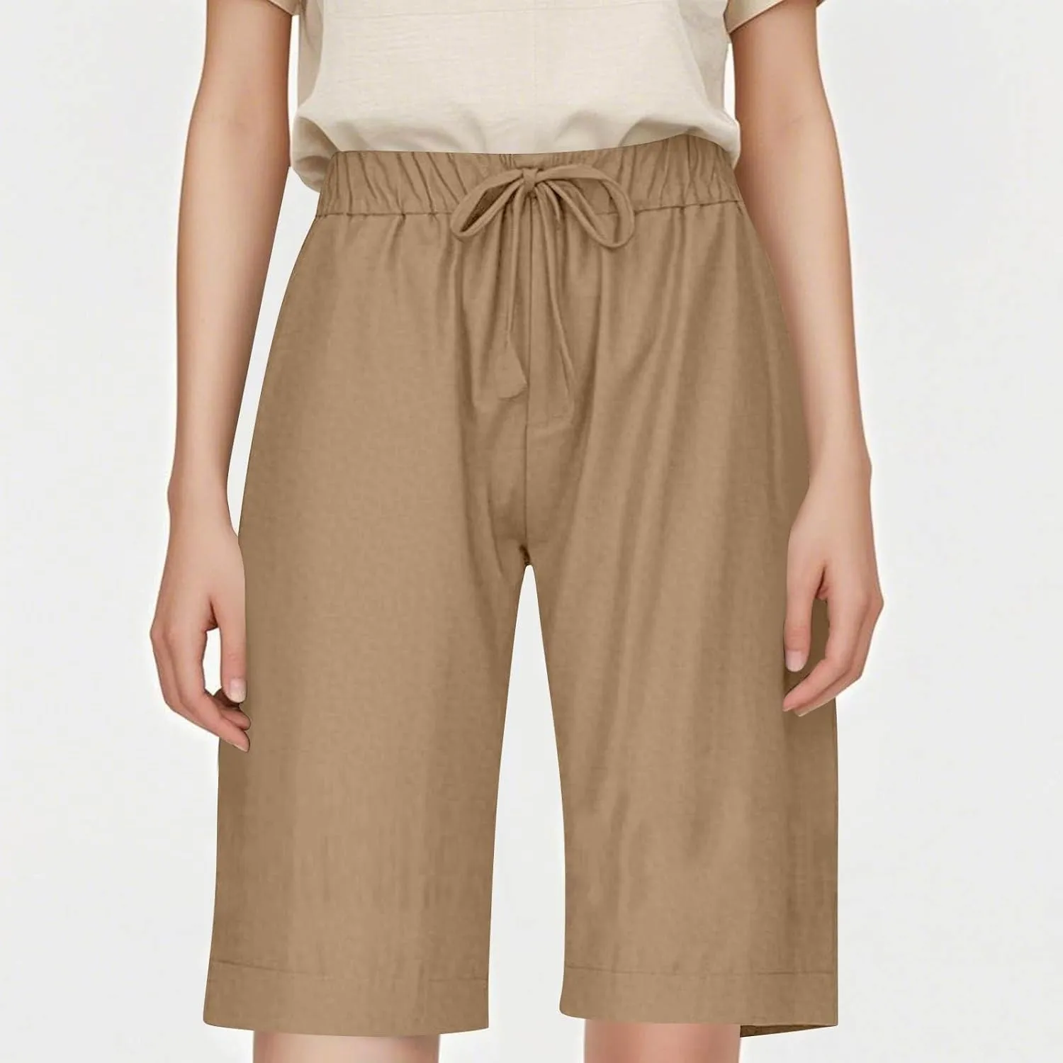 Linen Shorts for Women Trendy Summer Lightweight Long Shorts Drawstring High Waist Knee Length Beach Pants w/Pockets