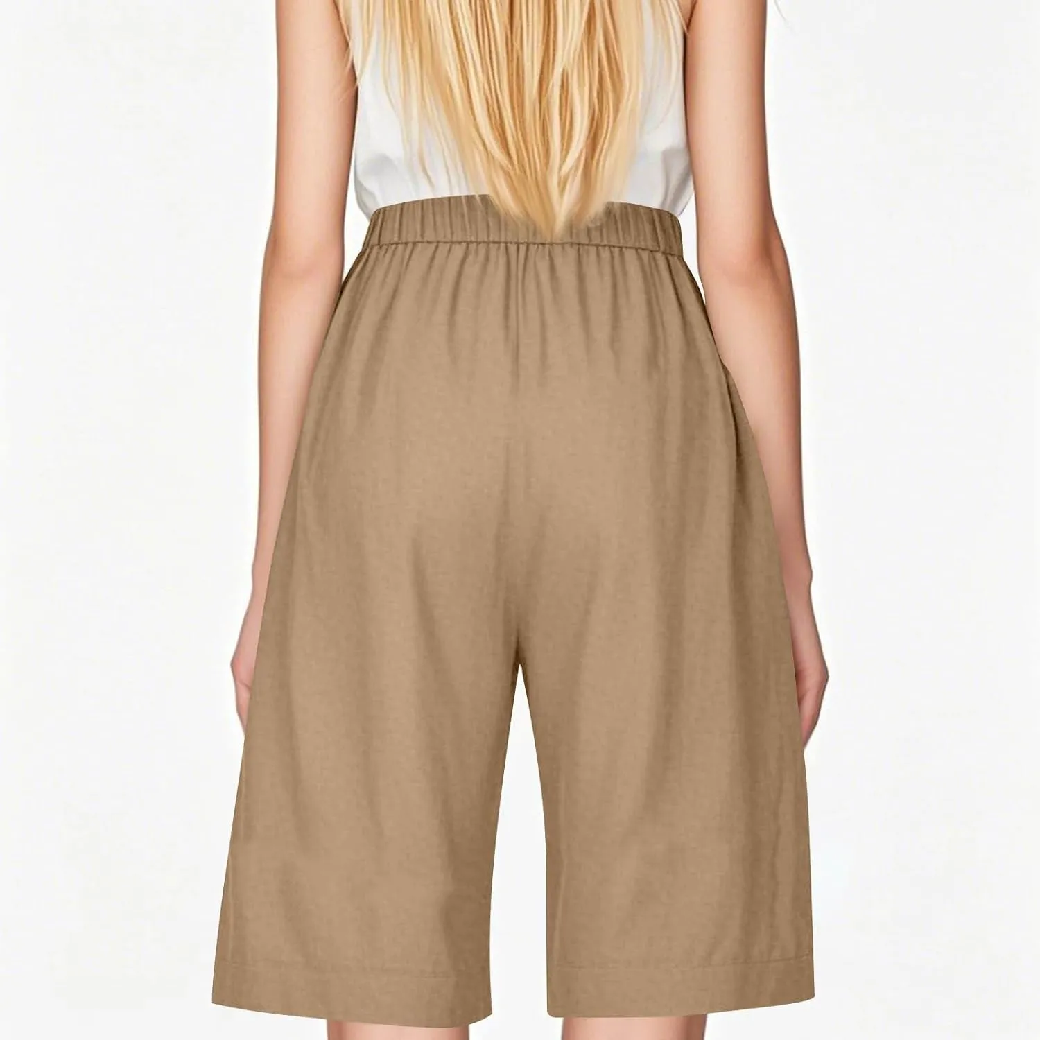 Linen Shorts for Women Trendy Summer Lightweight Long Shorts Drawstring High Waist Knee Length Beach Pants w/Pockets