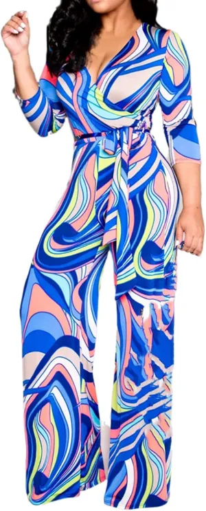 Lisa Colly Women's Summer Floral Print Wide Leg Jumpsuits Casual Beach Rompers Long Pants