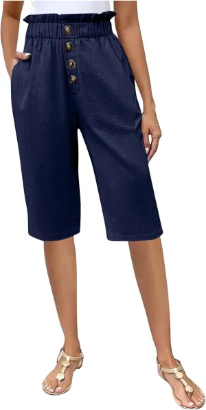 Lmdudan 2025 Cotton Linen Bermuda Shorts for Women High Waisted Trendy Pockets Short Pants Casual Summer Button Shorts