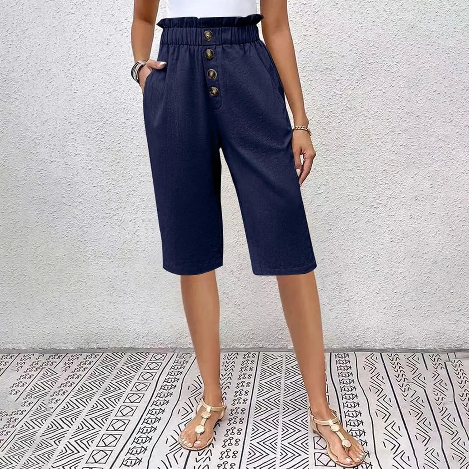 Lmdudan 2025 Cotton Linen Bermuda Shorts for Women High Waisted Trendy Pockets Short Pants Casual Summer Button Shorts