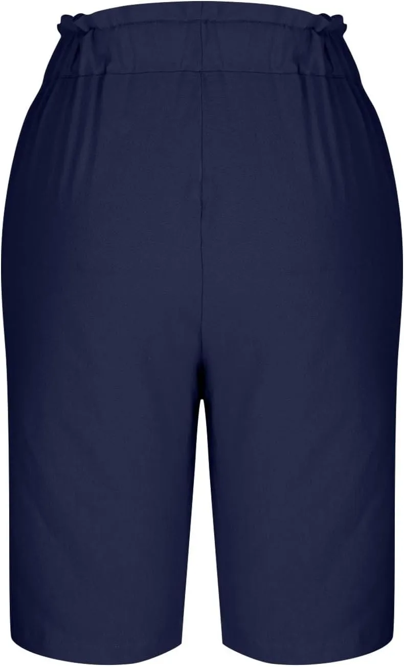 Lmdudan 2025 Cotton Linen Bermuda Shorts for Women High Waisted Trendy Pockets Short Pants Casual Summer Button Shorts