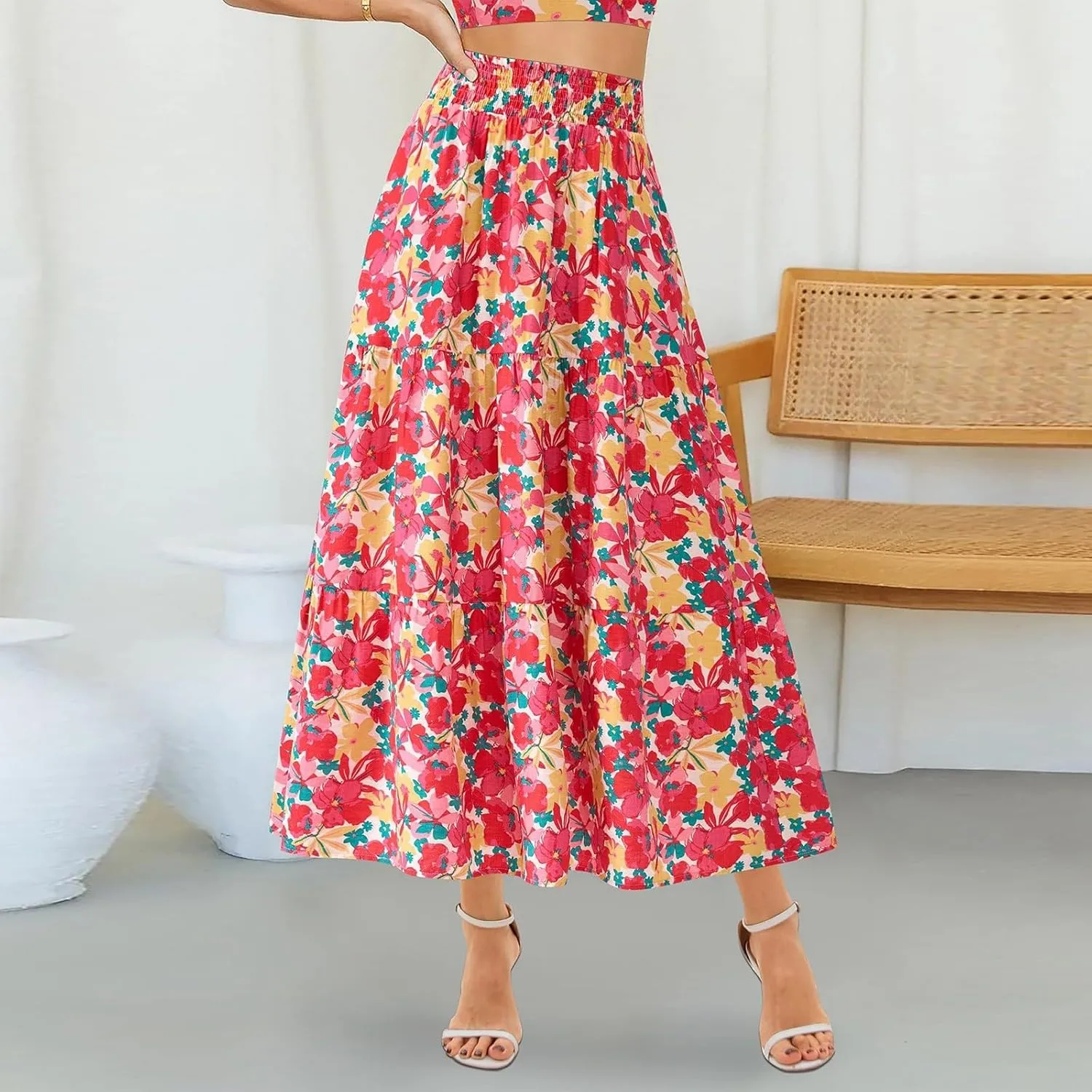 Long Skirts for Women Floral Print Midi Maxi Skirts 2025 Summer Casual Aline Elastic Waist Pleated Flowy Long Skirt Pockets