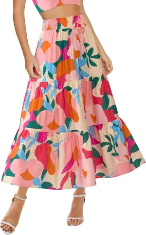 Long Skirts for Women Floral Print Midi Maxi Skirts 2025 Summer Casual Aline Elastic Waist Pleated Flowy Long Skirt Pockets