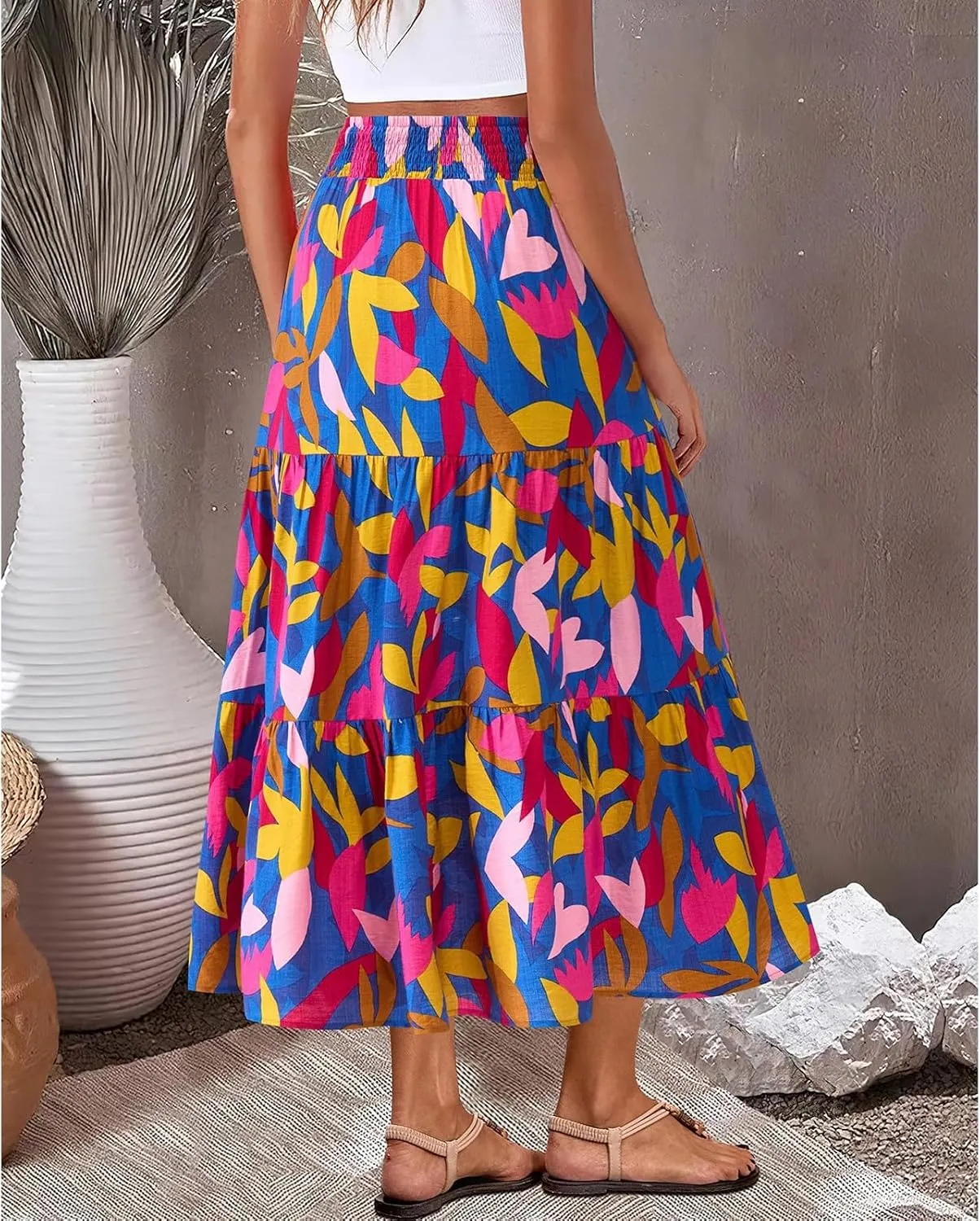 Long Skirts for Women Floral Print Midi Maxi Skirts 2025 Summer Casual Aline Elastic Waist Pleated Flowy Long Skirt Pockets