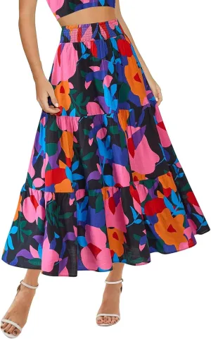 Long Skirts for Women Floral Print Midi Maxi Skirts 2025 Summer Casual Aline Elastic Waist Pleated Flowy Long Skirt Pockets