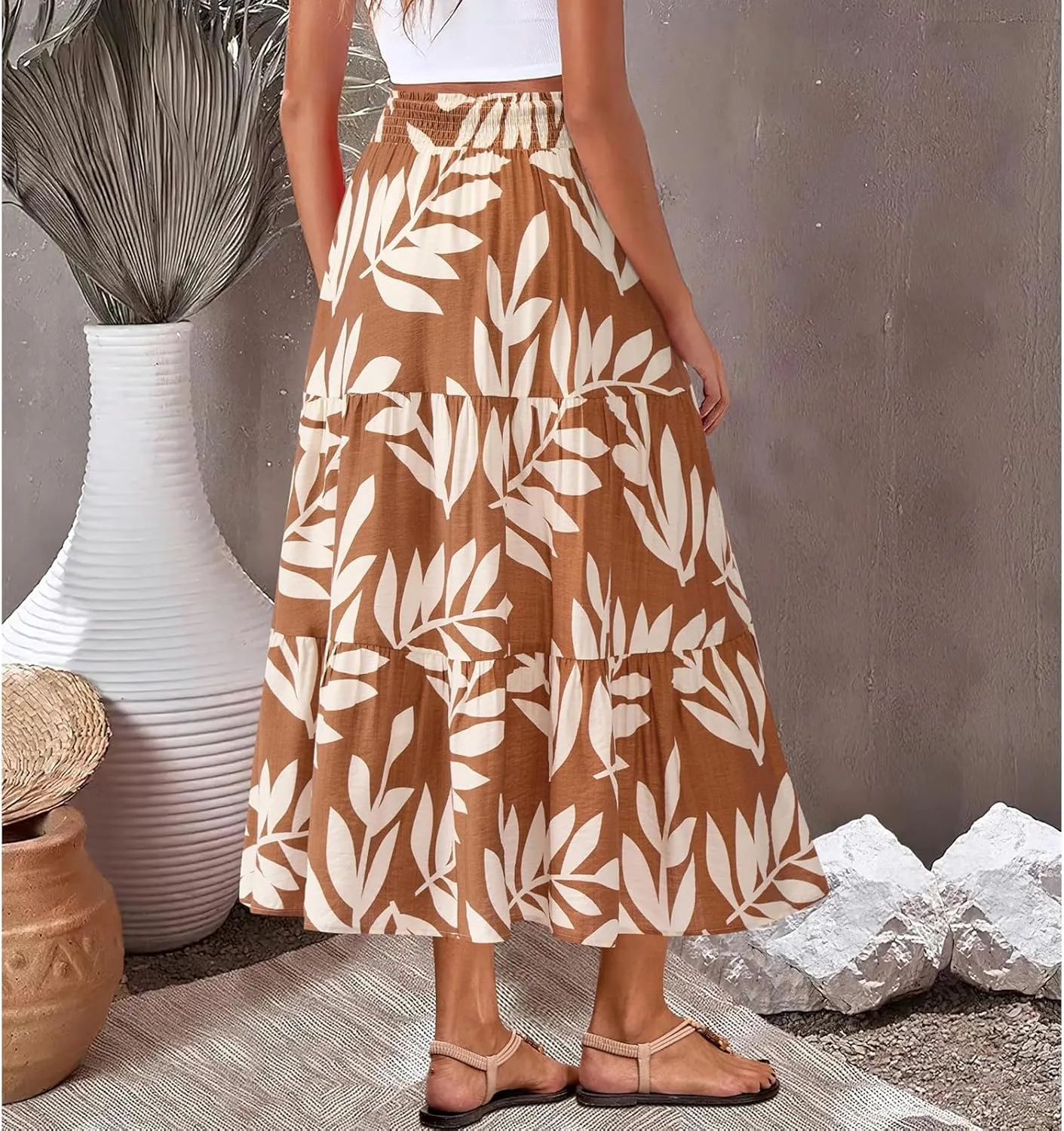 Long Skirts for Women Floral Print Midi Maxi Skirts 2025 Summer Casual Aline Elastic Waist Pleated Flowy Long Skirt Pockets