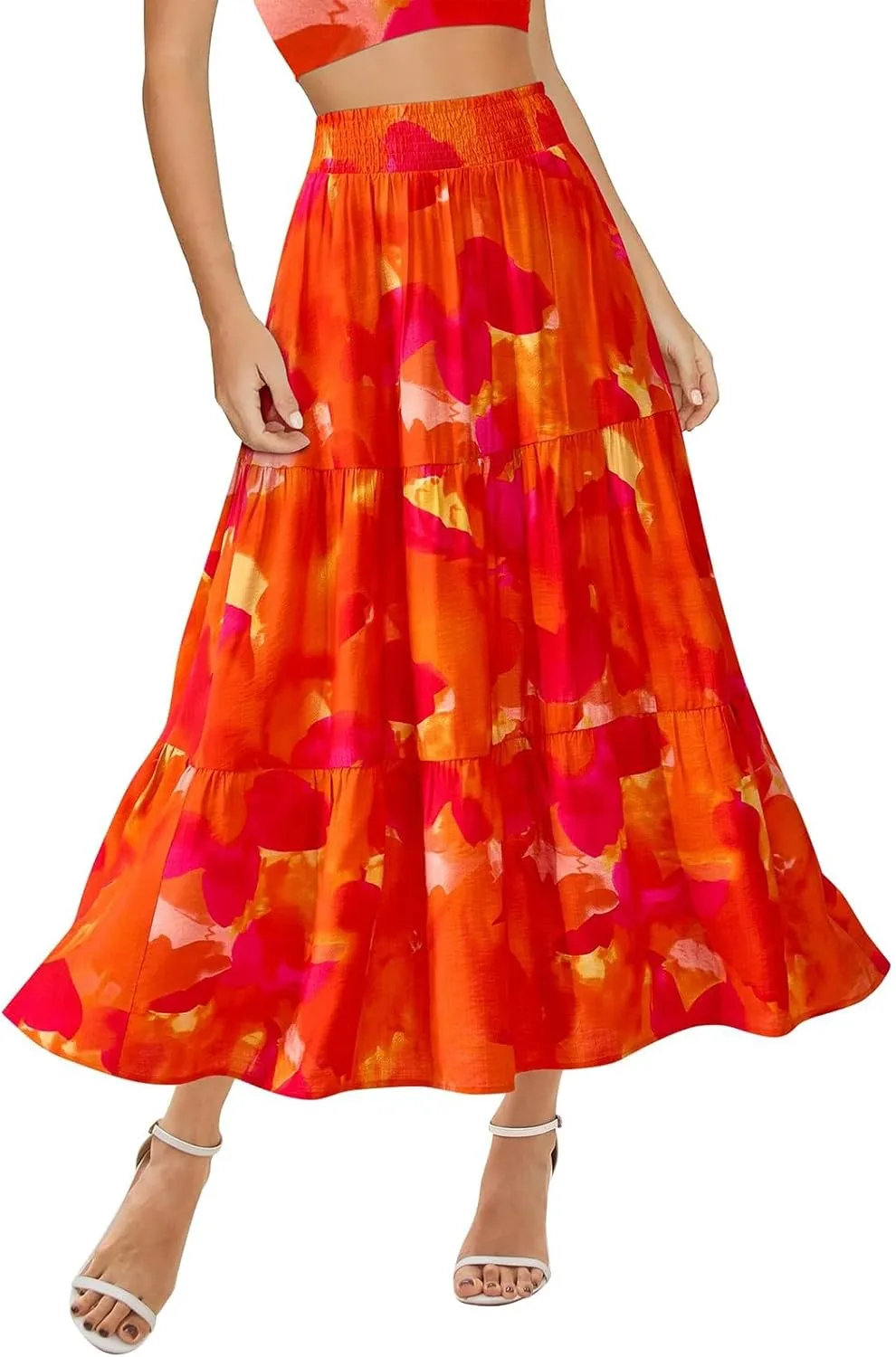 Long Skirts for Women Floral Print Midi Maxi Skirts 2025 Summer Casual Aline Elastic Waist Pleated Flowy Long Skirt Pockets