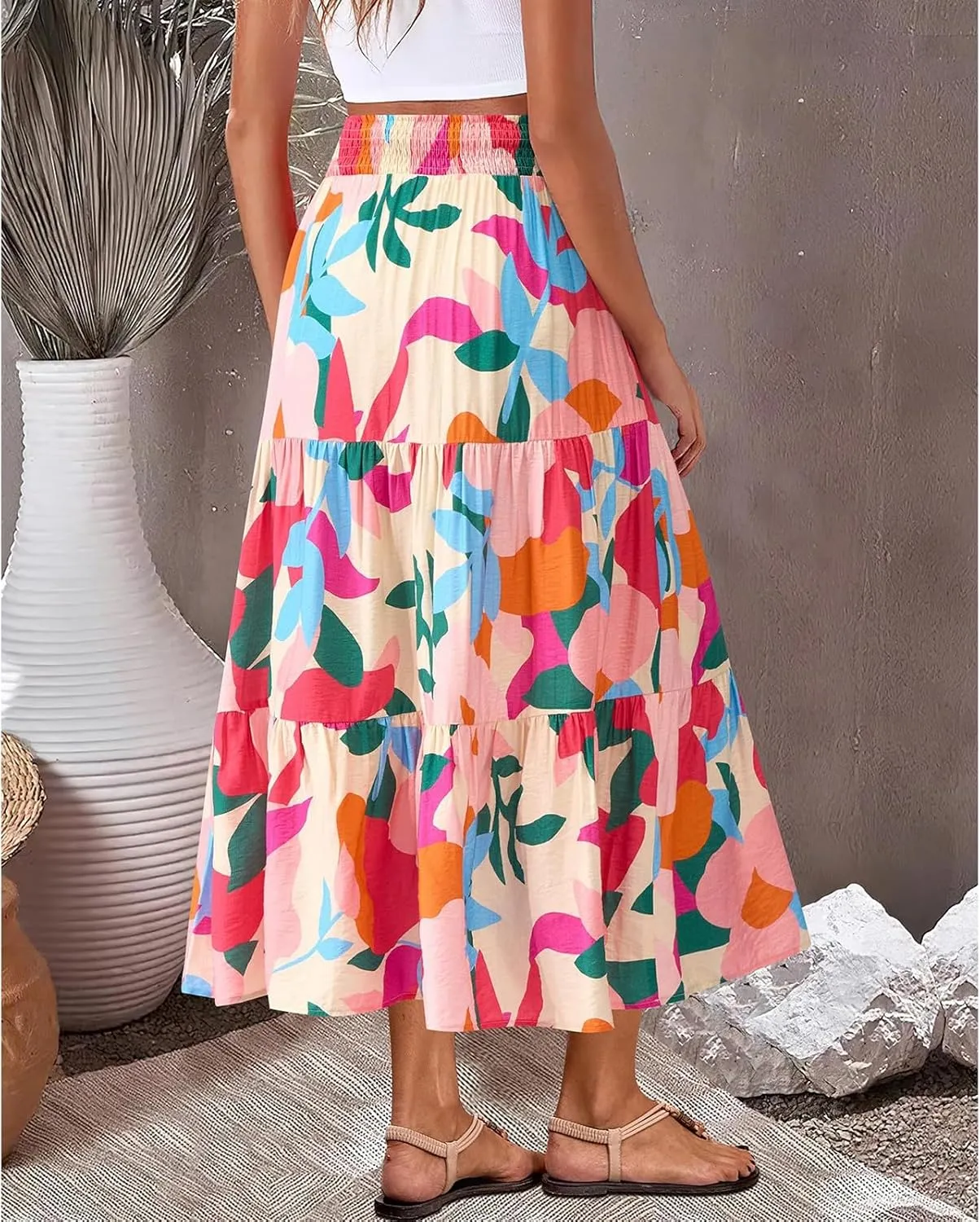 Long Skirts for Women Floral Print Midi Maxi Skirts 2025 Summer Casual Aline Elastic Waist Pleated Flowy Long Skirt Pockets