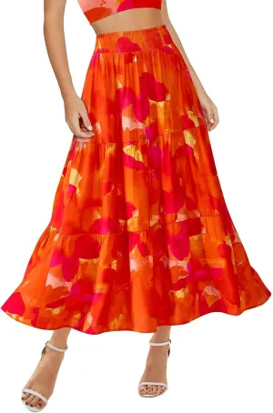 Long Skirts for Women Floral Print Midi Maxi Skirts 2025 Summer Casual Aline Elastic Waist Pleated Flowy Long Skirt Pockets