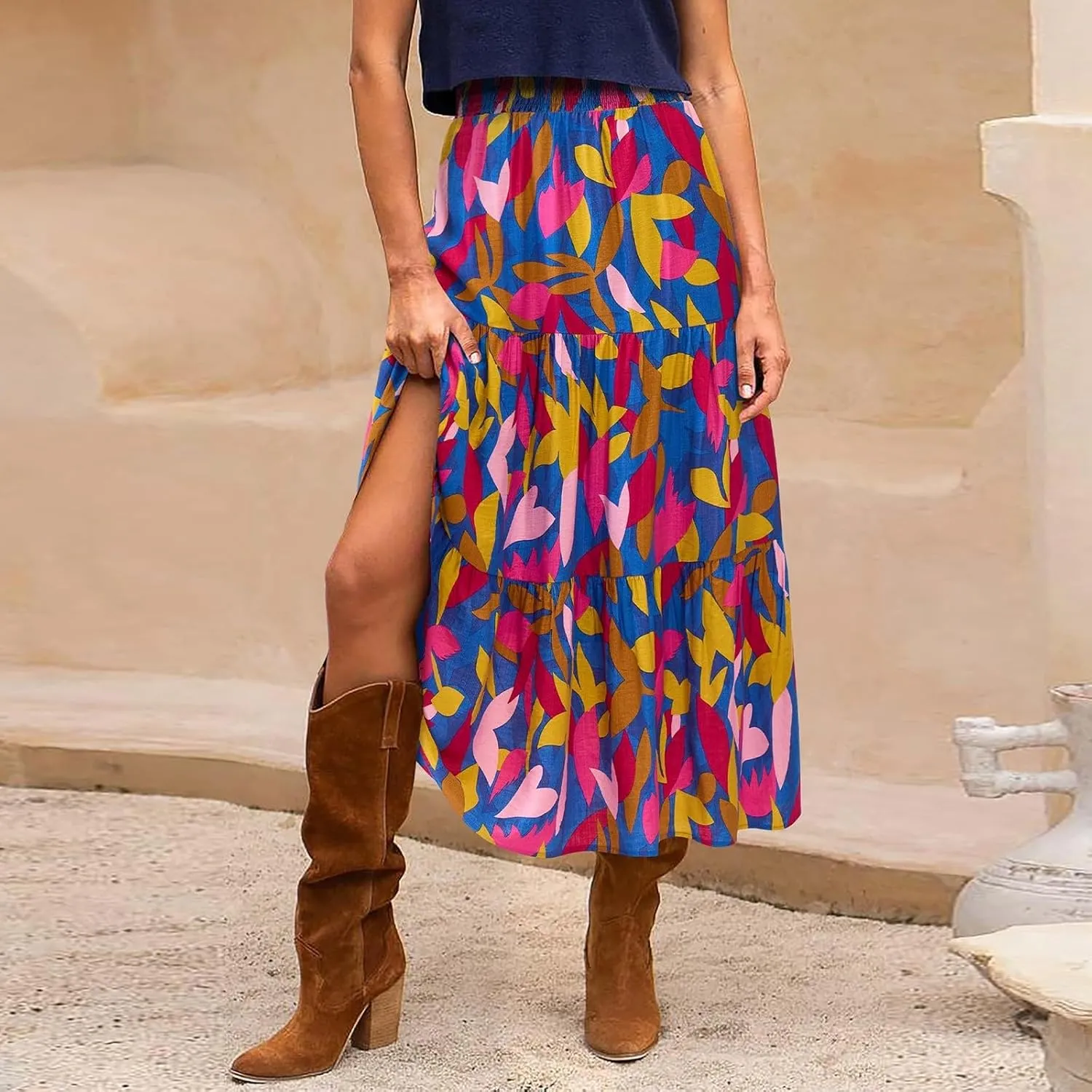 Long Skirts for Women Floral Print Midi Maxi Skirts 2025 Summer Casual Aline Elastic Waist Pleated Flowy Long Skirt Pockets
