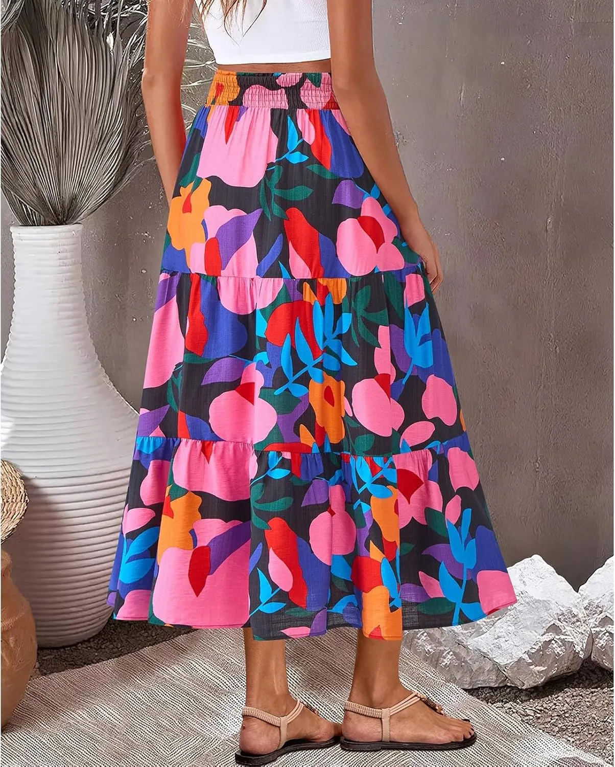 Long Skirts for Women Floral Print Midi Maxi Skirts 2025 Summer Casual Aline Elastic Waist Pleated Flowy Long Skirt Pockets