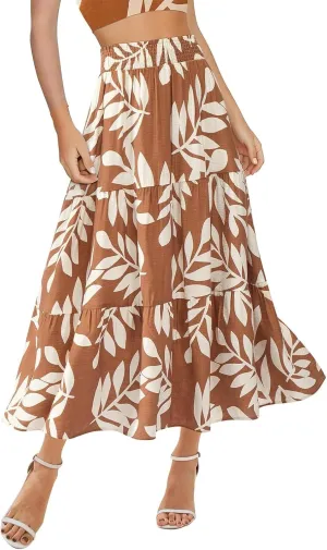 Long Skirts for Women Floral Print Midi Maxi Skirts 2025 Summer Casual Aline Elastic Waist Pleated Flowy Long Skirt Pockets