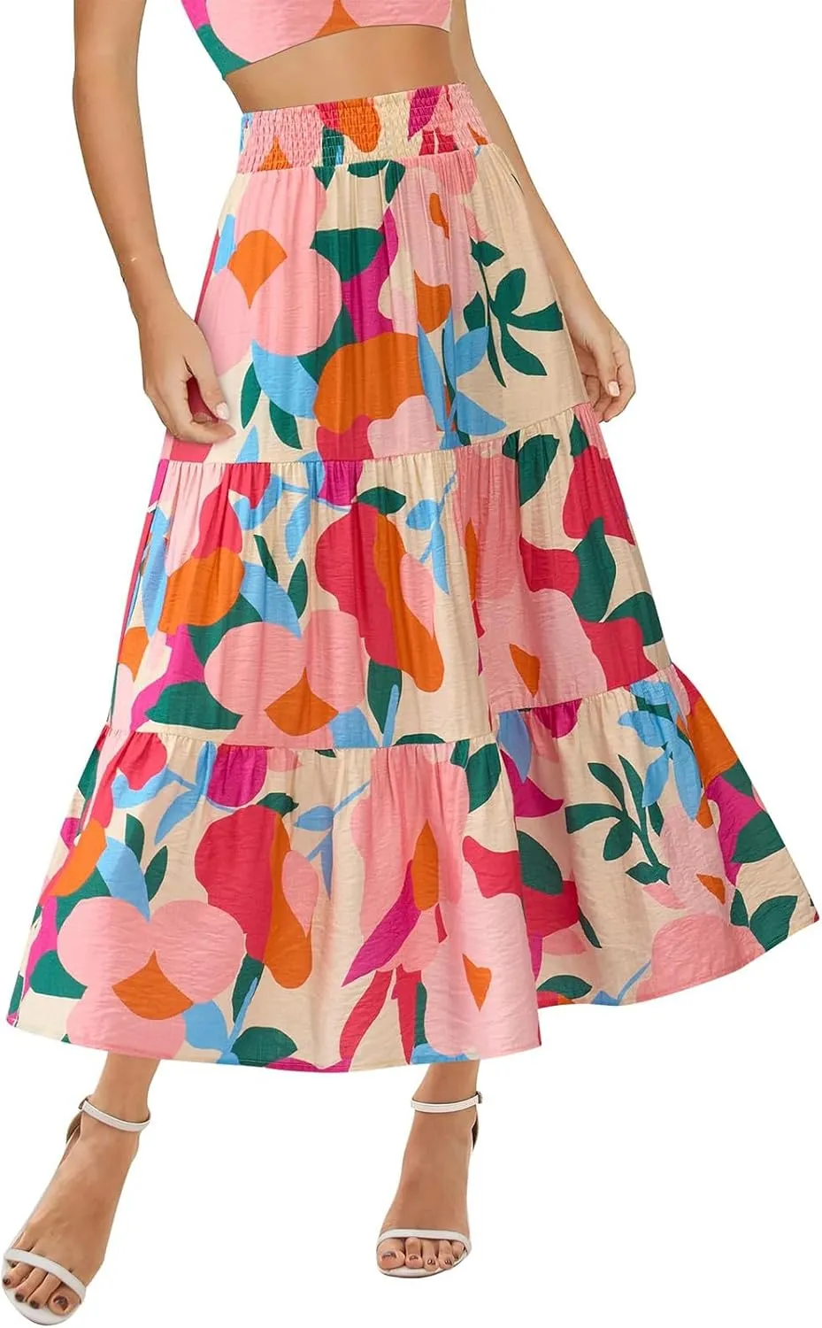 Long Skirts for Women Floral Print Midi Maxi Skirts 2025 Summer Casual Aline Elastic Waist Pleated Flowy Long Skirt Pockets