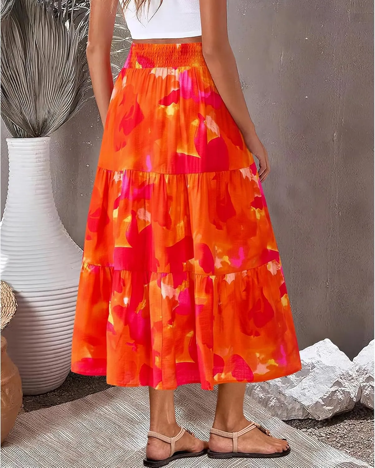 Long Skirts for Women Floral Print Midi Maxi Skirts 2025 Summer Casual Aline Elastic Waist Pleated Flowy Long Skirt Pockets