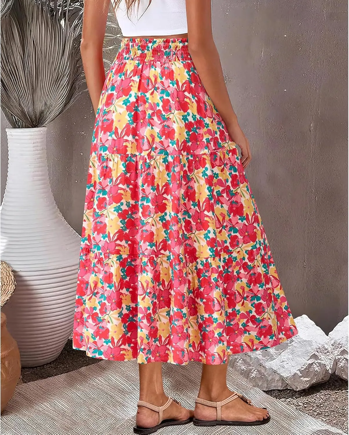 Long Skirts for Women Floral Print Midi Maxi Skirts 2025 Summer Casual Aline Elastic Waist Pleated Flowy Long Skirt Pockets