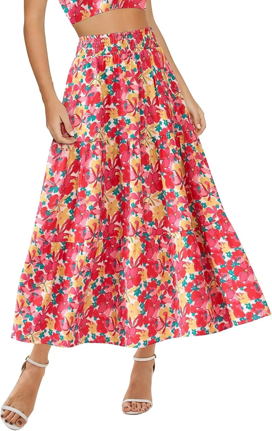Long Skirts for Women Floral Print Midi Maxi Skirts 2025 Summer Casual Aline Elastic Waist Pleated Flowy Long Skirt Pockets