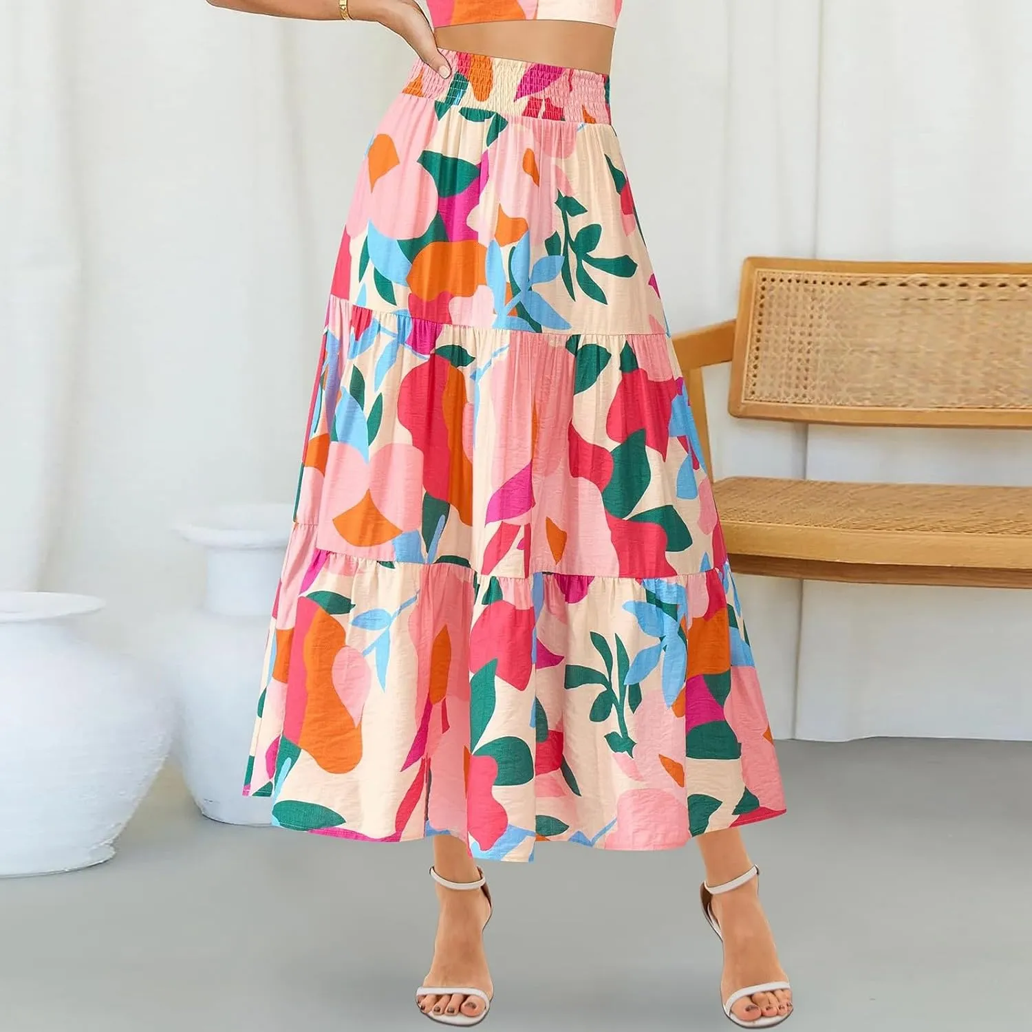 Long Skirts for Women Floral Print Midi Maxi Skirts 2025 Summer Casual Aline Elastic Waist Pleated Flowy Long Skirt Pockets