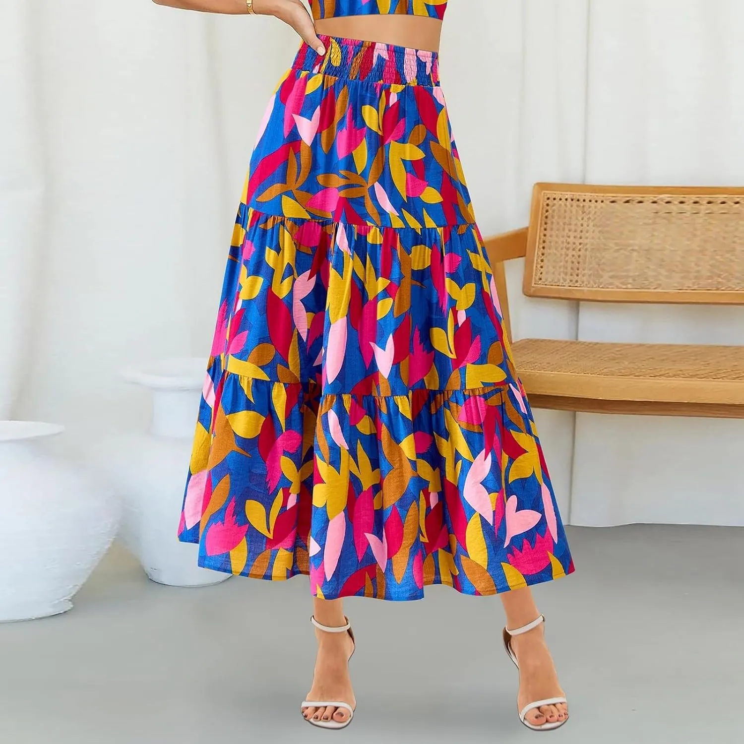 Long Skirts for Women Floral Print Midi Maxi Skirts 2025 Summer Casual Aline Elastic Waist Pleated Flowy Long Skirt Pockets