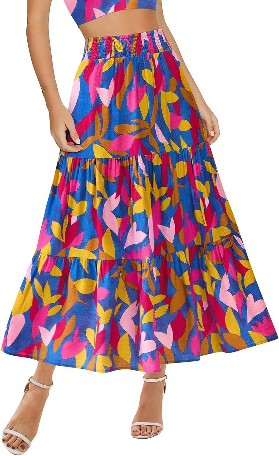 Long Skirts for Women Floral Print Midi Maxi Skirts 2025 Summer Casual Aline Elastic Waist Pleated Flowy Long Skirt Pockets
