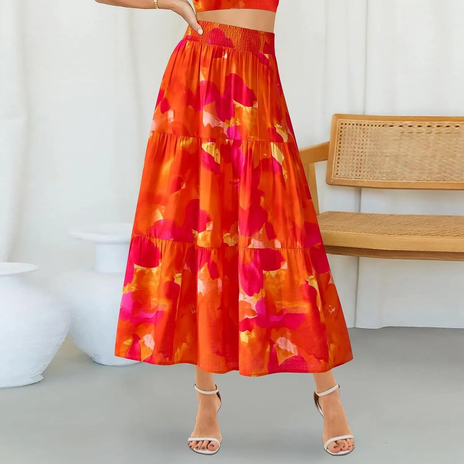 Long Skirts for Women Floral Print Midi Maxi Skirts 2025 Summer Casual Aline Elastic Waist Pleated Flowy Long Skirt Pockets