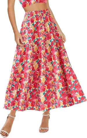 Long Skirts for Women Floral Print Midi Maxi Skirts 2025 Summer Casual Aline Elastic Waist Pleated Flowy Long Skirt Pockets