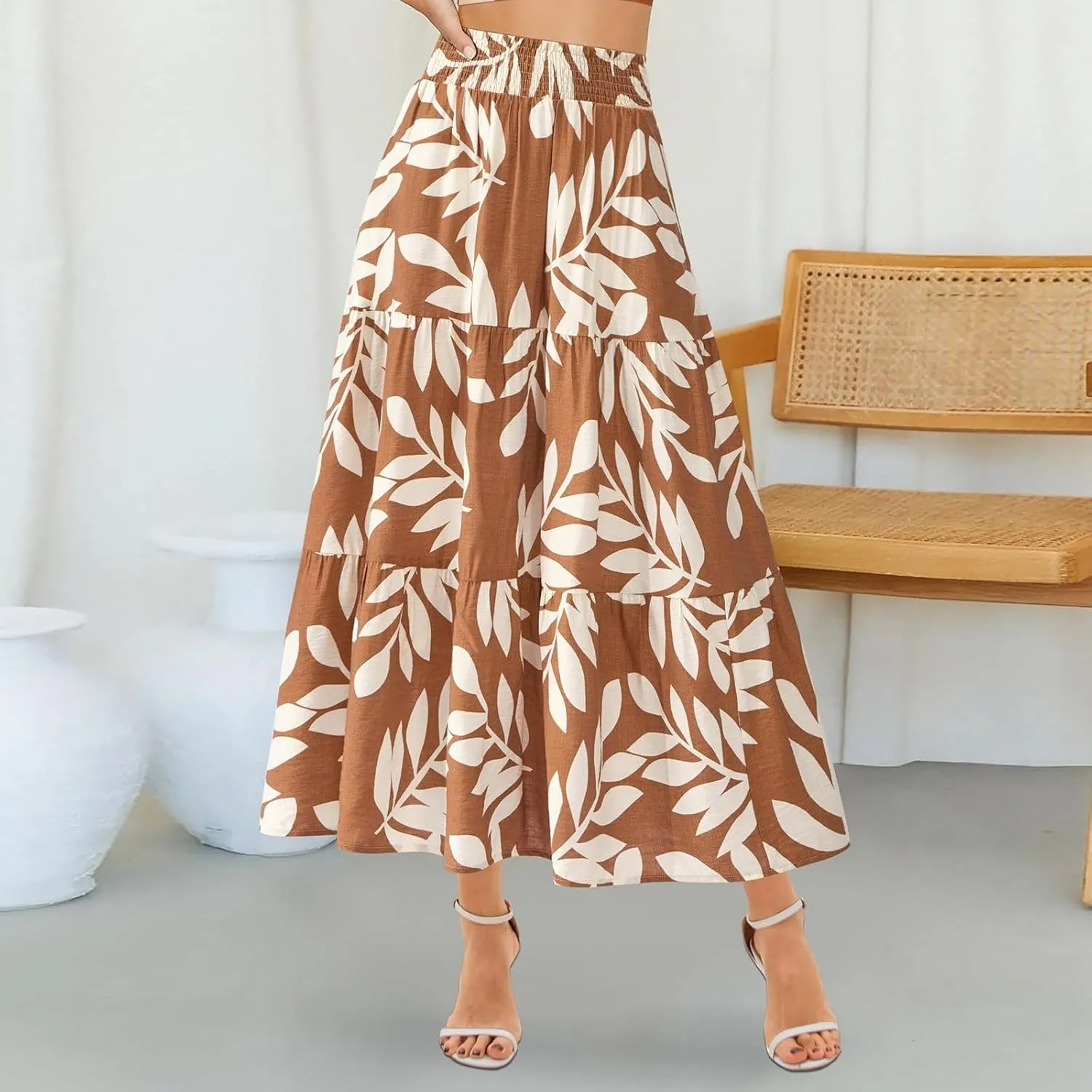 Long Skirts for Women Floral Print Midi Maxi Skirts 2025 Summer Casual Aline Elastic Waist Pleated Flowy Long Skirt Pockets
