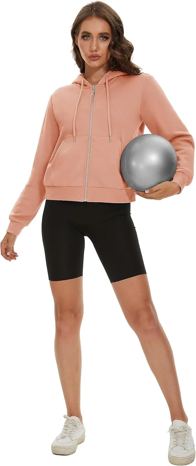 MAGCOMSEN Women's Cropped Hoodie Sweatshirt Fleece Lined Full Zip Up Jacket With Pockets