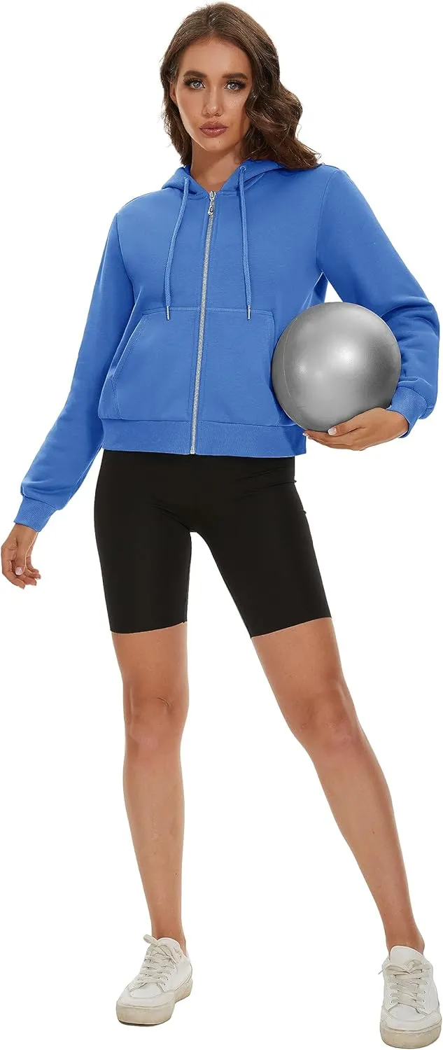 MAGCOMSEN Women's Cropped Hoodie Sweatshirt Fleece Lined Full Zip Up Jacket With Pockets
