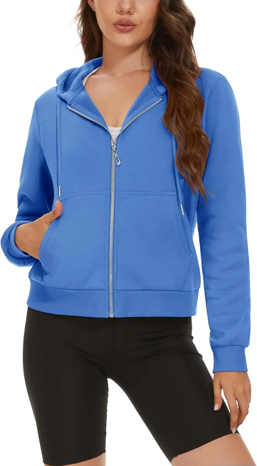 MAGCOMSEN Women's Cropped Hoodie Sweatshirt Fleece Lined Full Zip Up Jacket With Pockets