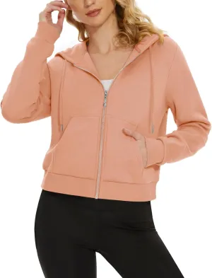 MAGCOMSEN Women's Cropped Hoodie Sweatshirt Fleece Lined Full Zip Up Jacket With Pockets
