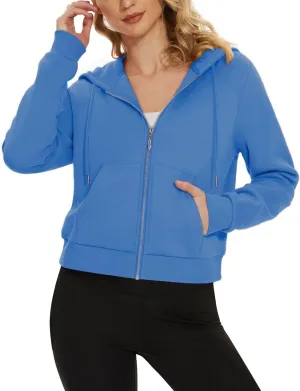 MAGCOMSEN Women's Cropped Hoodie Sweatshirt Fleece Lined Full Zip Up Jacket With Pockets