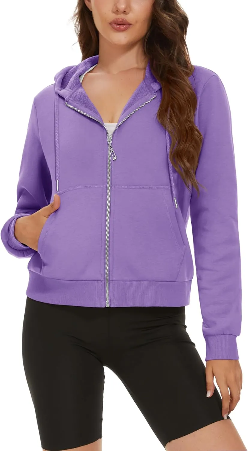 MAGCOMSEN Women's Cropped Hoodie Sweatshirt Fleece Lined Full Zip Up Jacket With Pockets