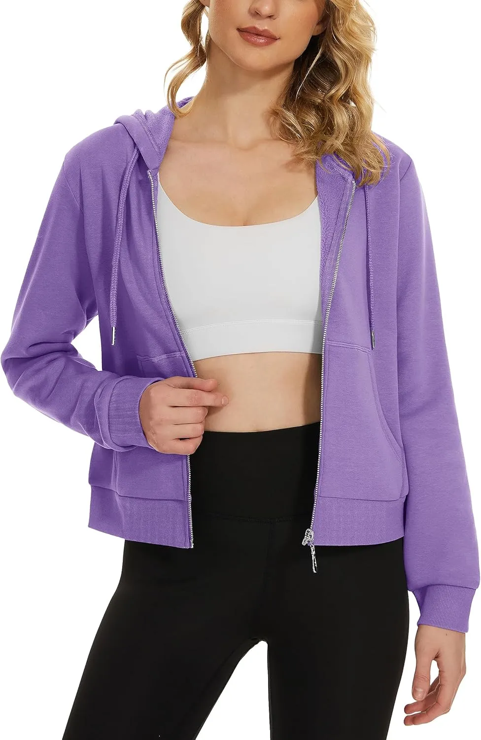 MAGCOMSEN Women's Cropped Hoodie Sweatshirt Fleece Lined Full Zip Up Jacket With Pockets