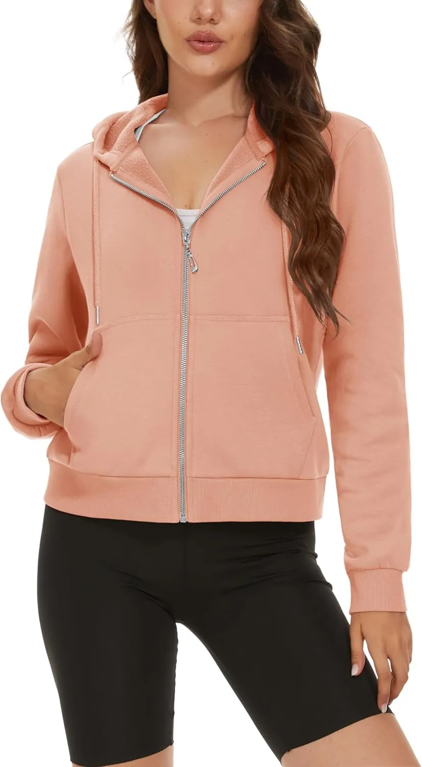 MAGCOMSEN Women's Cropped Hoodie Sweatshirt Fleece Lined Full Zip Up Jacket With Pockets