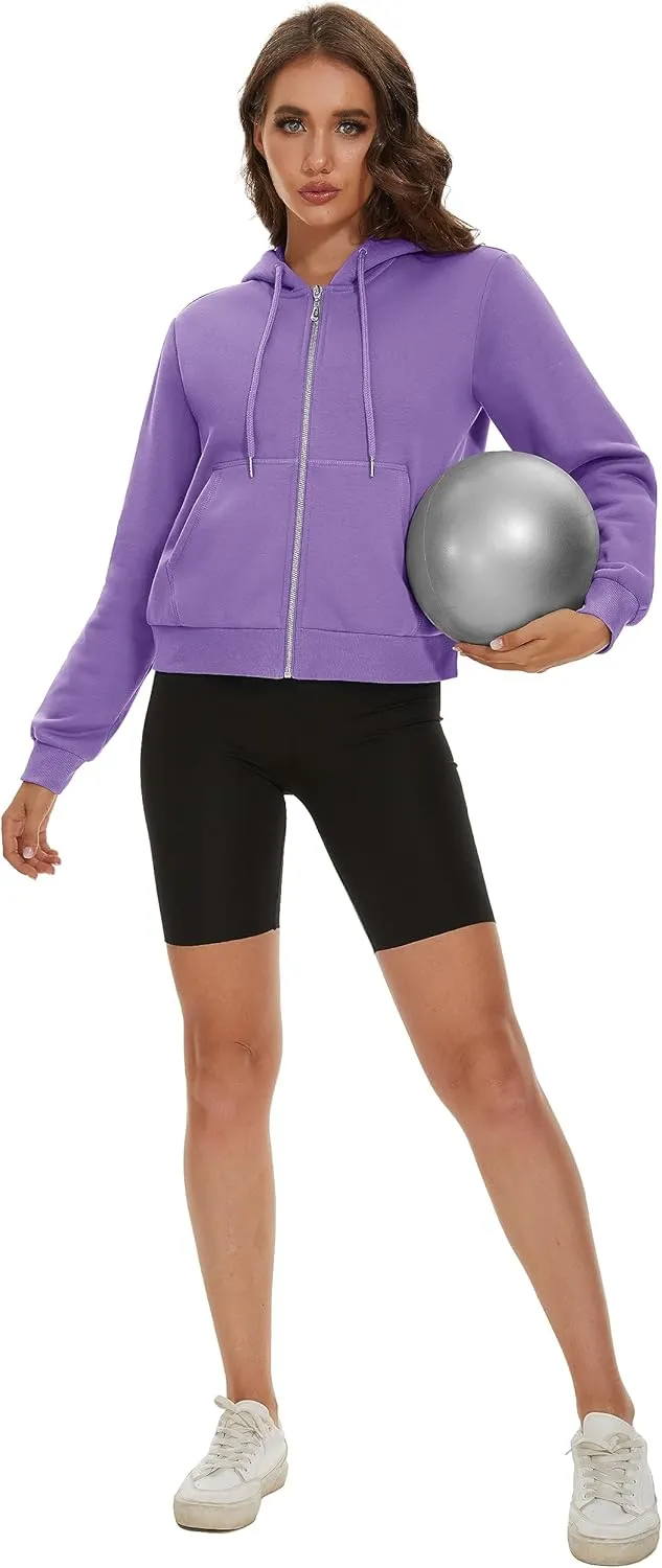 MAGCOMSEN Women's Cropped Hoodie Sweatshirt Fleece Lined Full Zip Up Jacket With Pockets