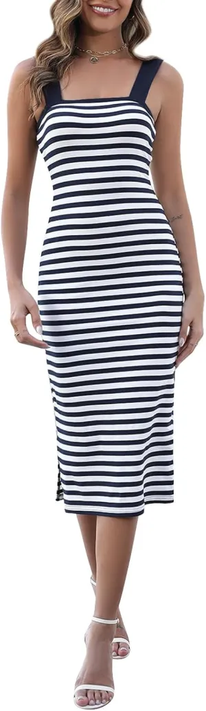 Manydress Women's Striped Beach Sundress Summer Casual Square Neck Fitted Bodycon Tank Midi Dress MY334