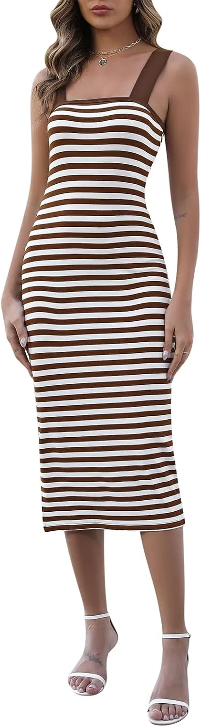 Manydress Women's Striped Beach Sundress Summer Casual Square Neck Fitted Bodycon Tank Midi Dress MY334