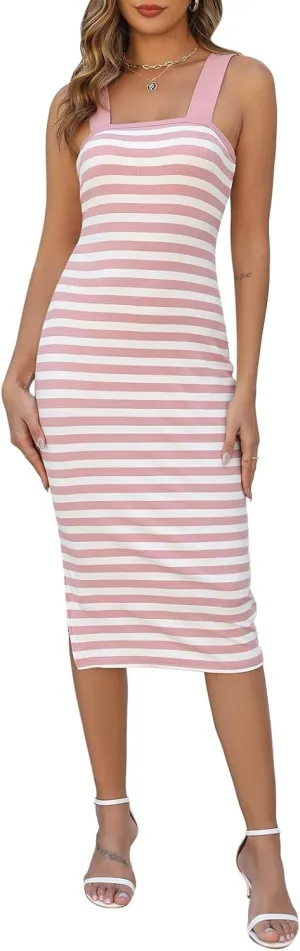 Manydress Women's Striped Beach Sundress Summer Casual Square Neck Fitted Bodycon Tank Midi Dress MY334