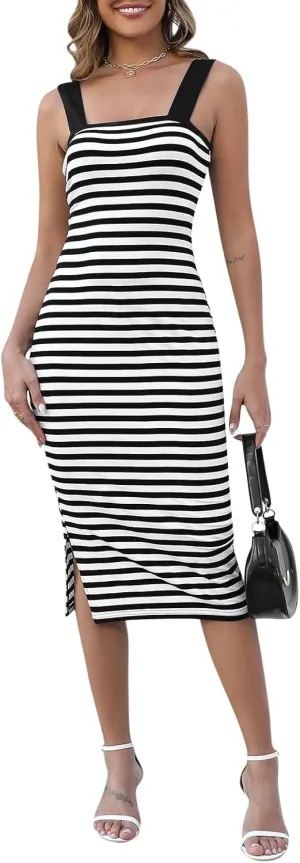 Manydress Women's Striped Beach Sundress Summer Casual Square Neck Fitted Bodycon Tank Midi Dress MY334
