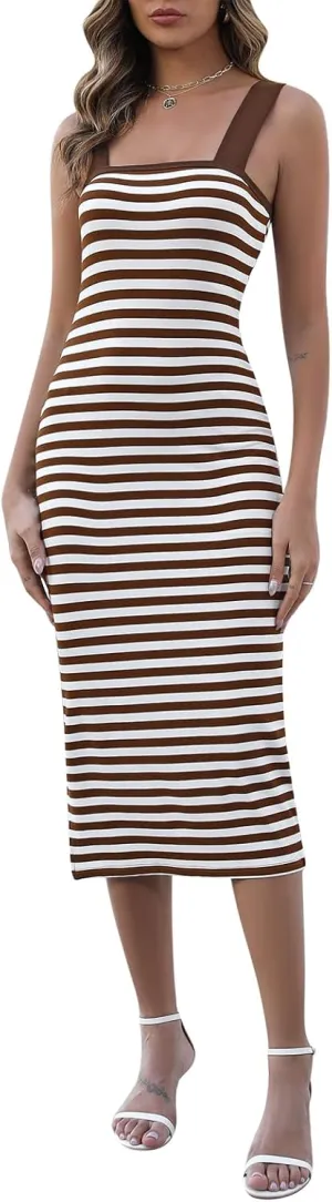 Manydress Women's Striped Beach Sundress Summer Casual Square Neck Fitted Bodycon Tank Midi Dress MY334