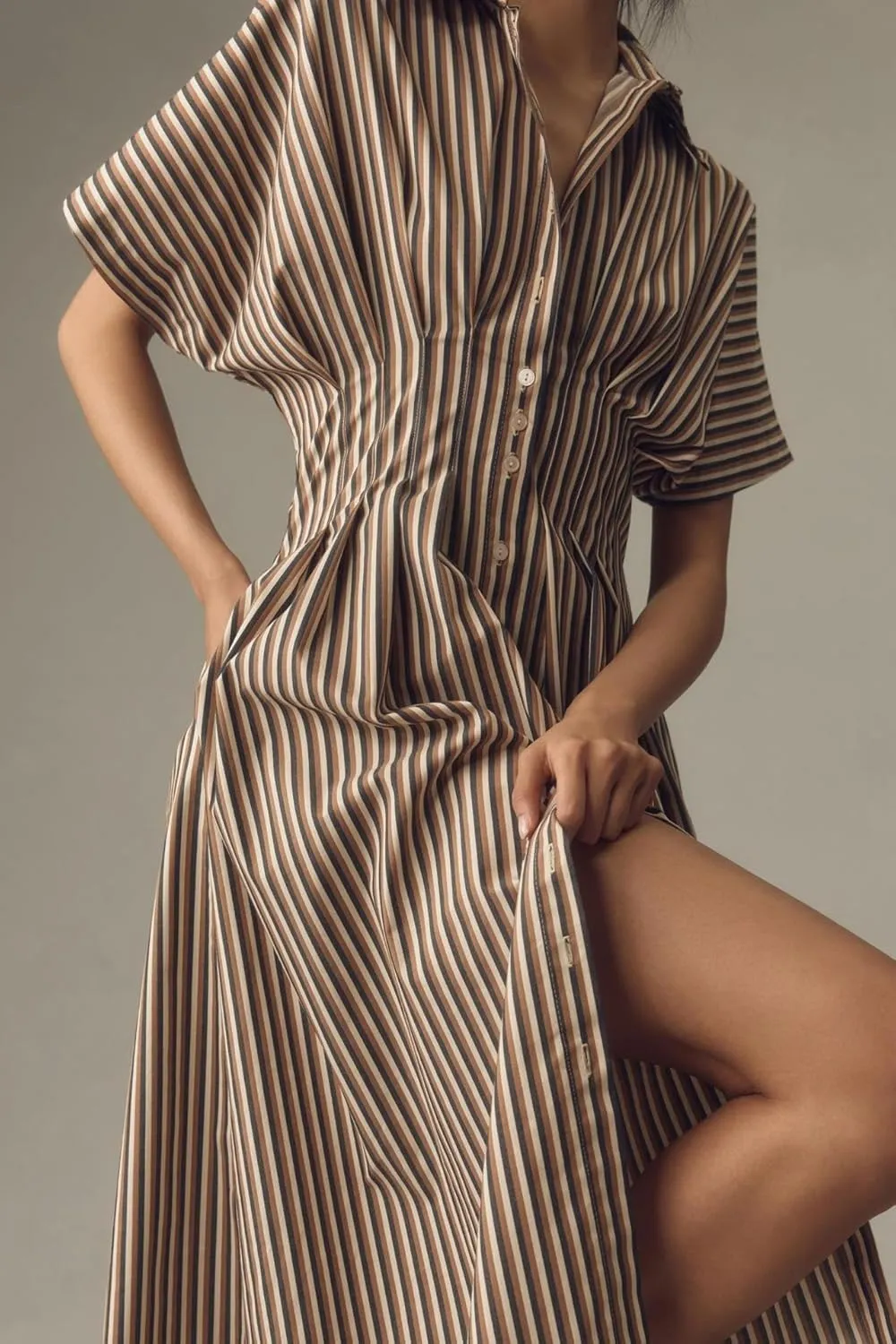 Maxi Shirt Dress for Women Striped Button Front Pleated Summer Dresses Short Sleeve Collar Long Dress
