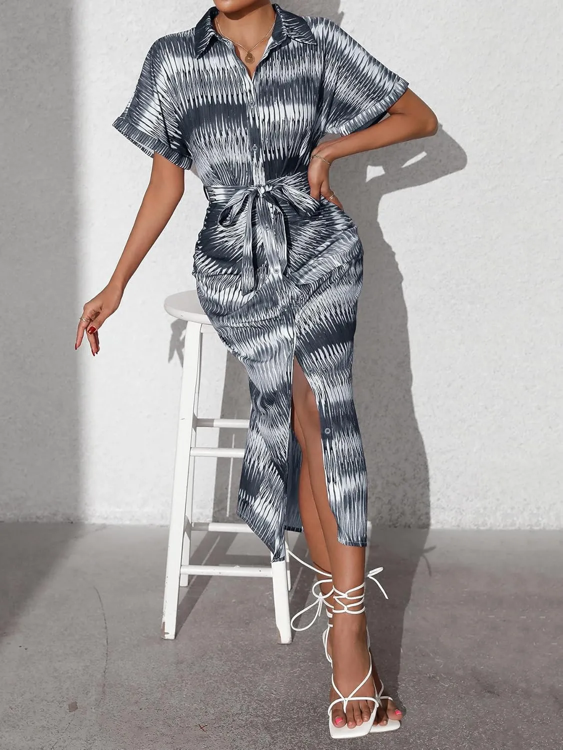Maxi Shirt Dress for Women Striped Button Front Pleated Summer Dresses Short Sleeve Collar Long Dress
