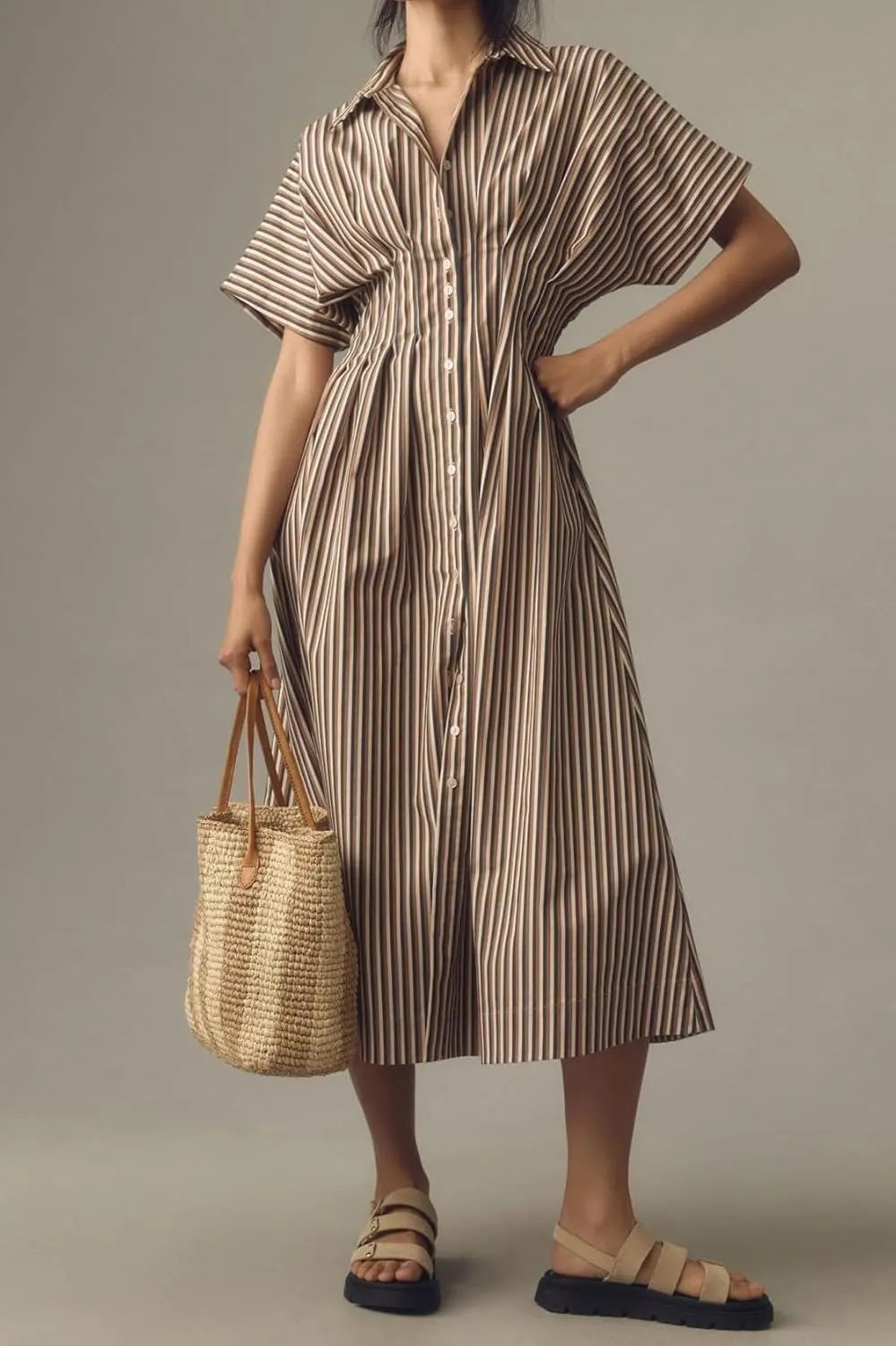 Maxi Shirt Dress for Women Striped Button Front Pleated Summer Dresses Short Sleeve Collar Long Dress
