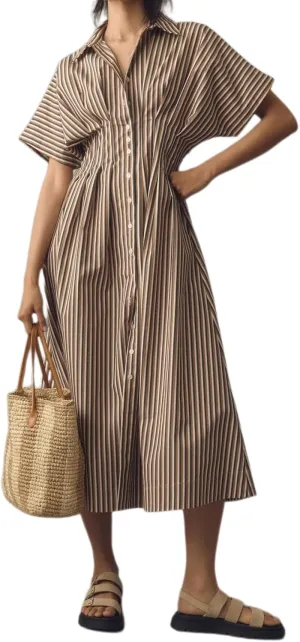 Maxi Shirt Dress for Women Striped Button Front Pleated Summer Dresses Short Sleeve Collar Long Dress