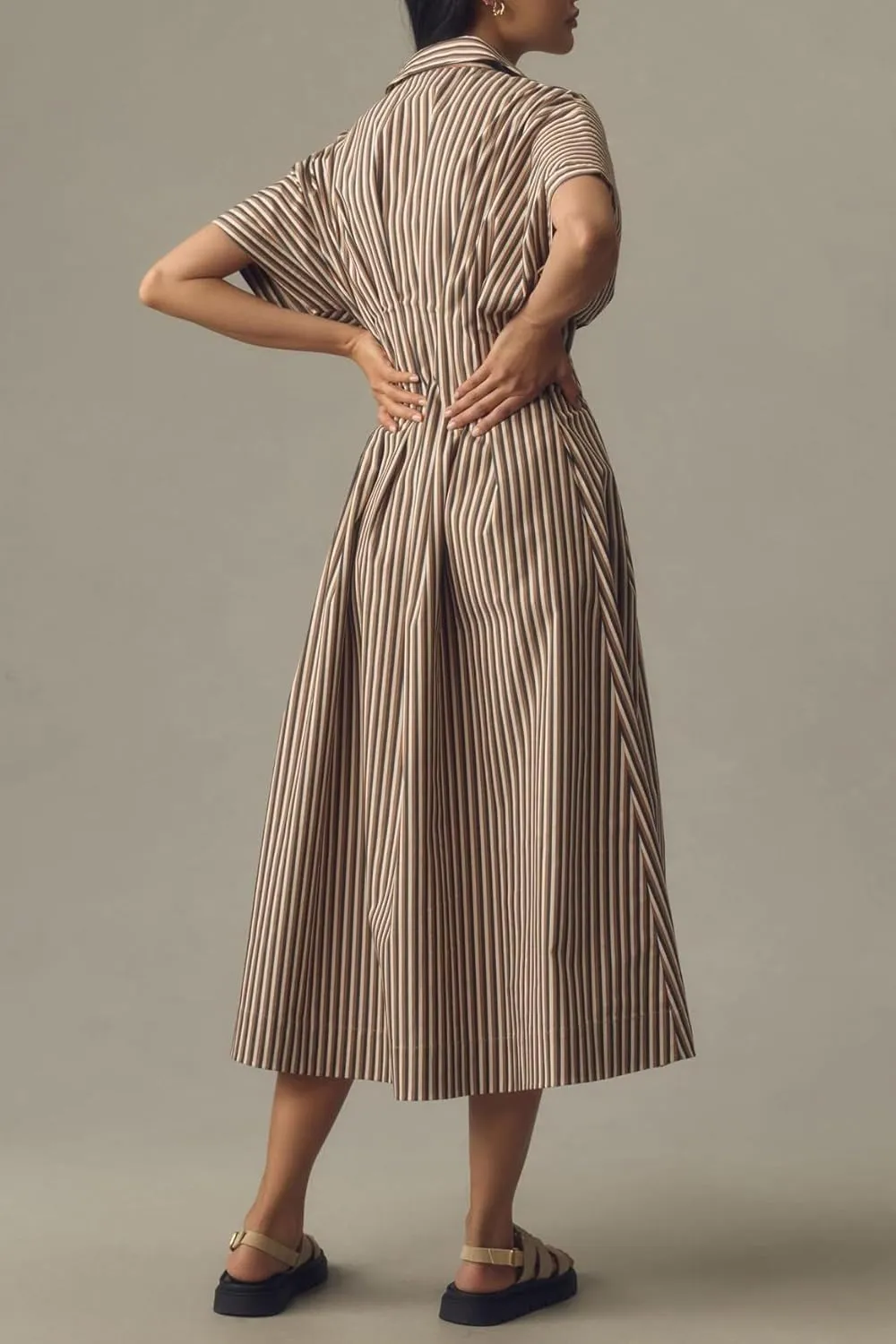 Maxi Shirt Dress for Women Striped Button Front Pleated Summer Dresses Short Sleeve Collar Long Dress
