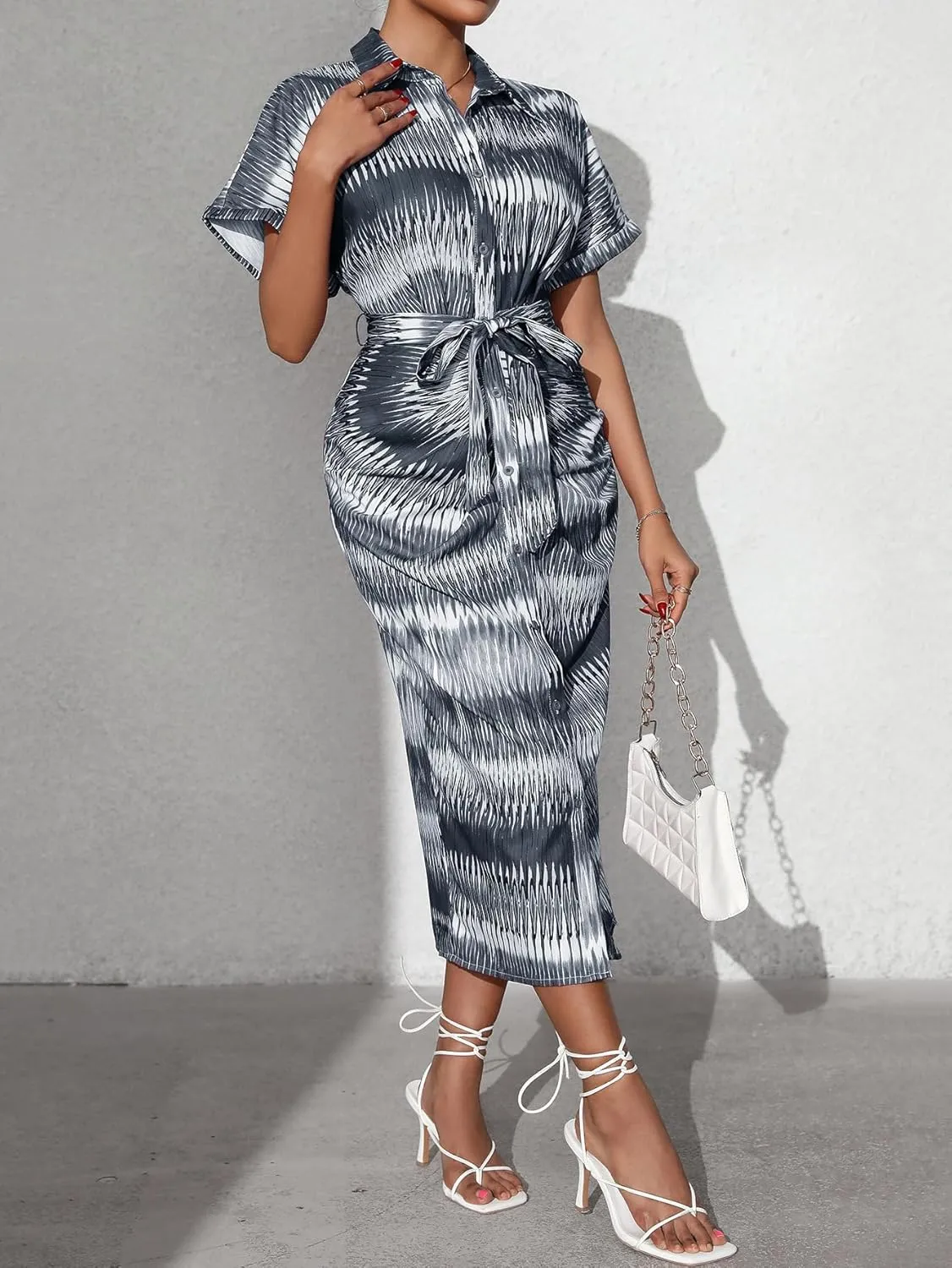 Maxi Shirt Dress for Women Striped Button Front Pleated Summer Dresses Short Sleeve Collar Long Dress