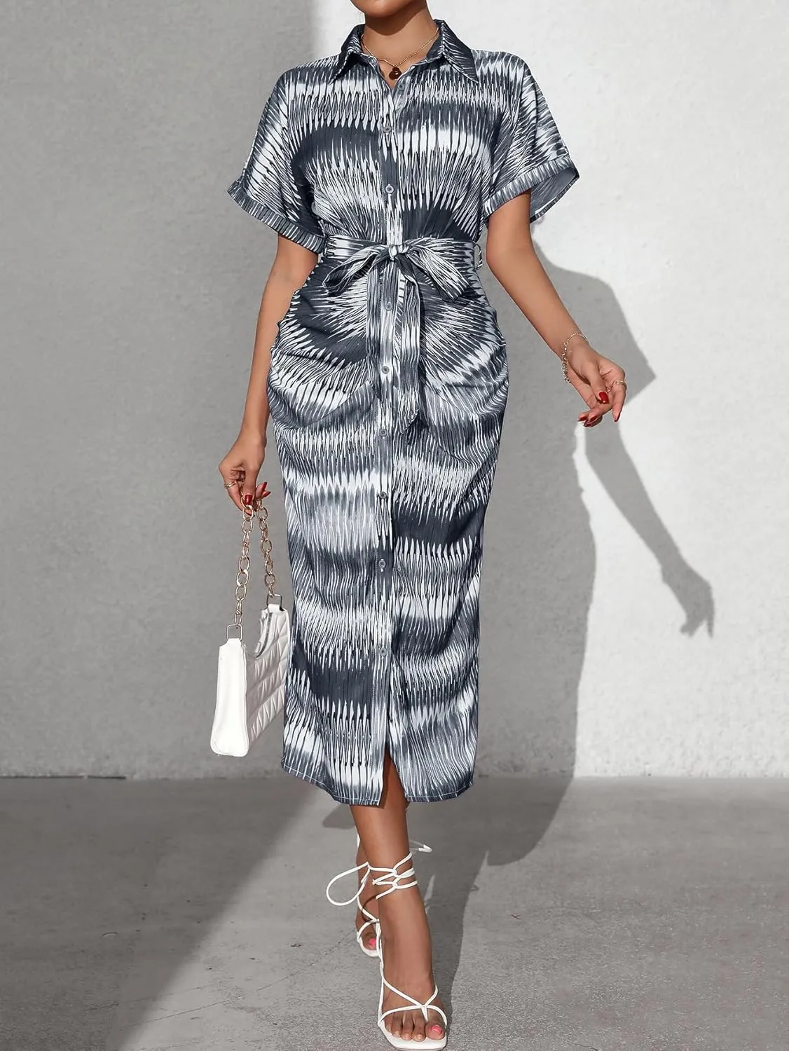 Maxi Shirt Dress for Women Striped Button Front Pleated Summer Dresses Short Sleeve Collar Long Dress